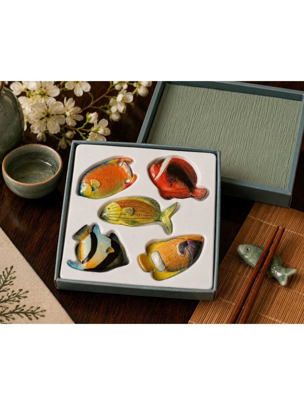 Vintage Porcelain Fish Chopstick Rests Set of 5 Tropical Fish Table Decor
